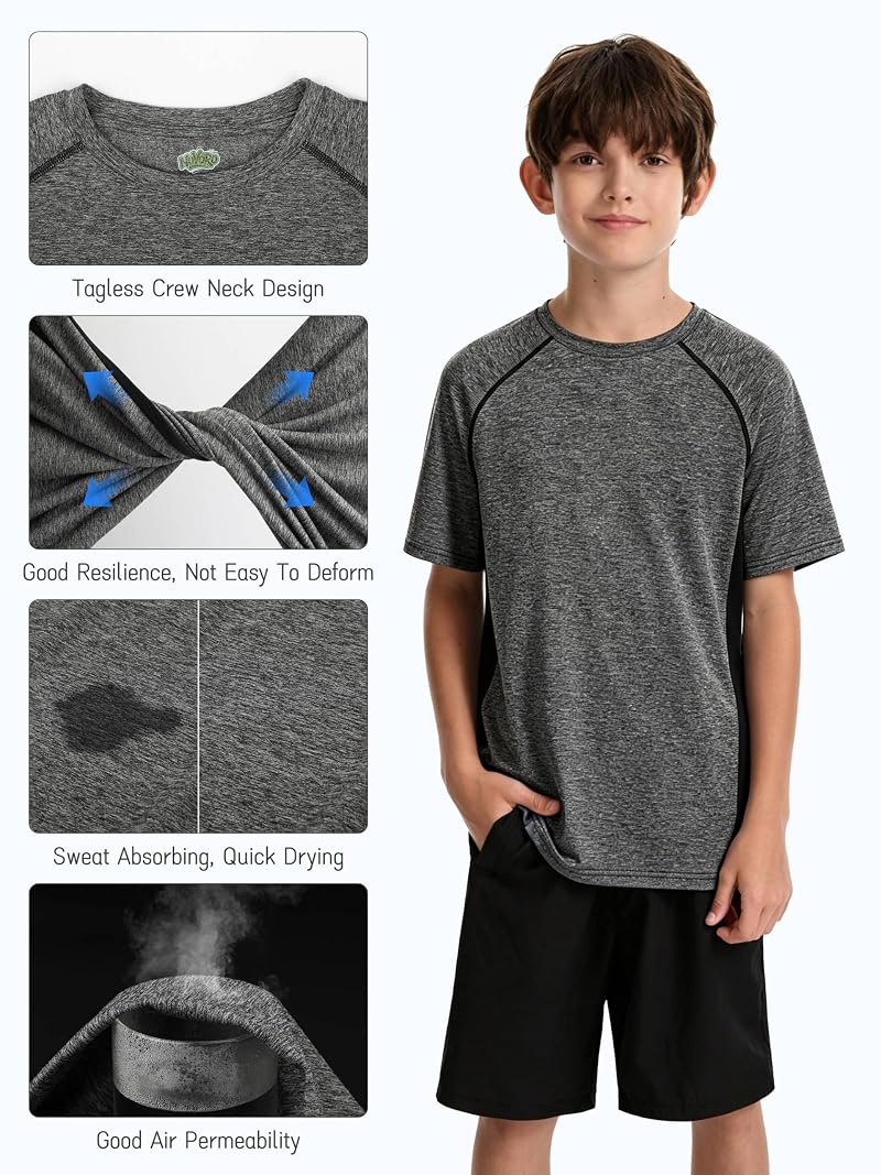 5 Pack Boys Athletic T-Shirts Dry Fit – Quick-Dry Active Tees with Variation: Black, Gray, Navy, Maroon, Mixed