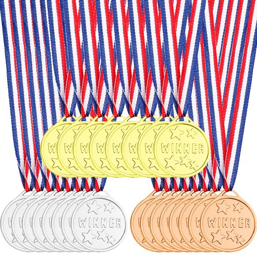 Foyods 24PCS Kids Gold Silver Bronze Award Medals for Awards, 3 Color Preschool 1st/2nd/3rd Gold Medals Graduation Grade Medals Bulk for Sport Celebration Souvenir Golden Silvery Medal