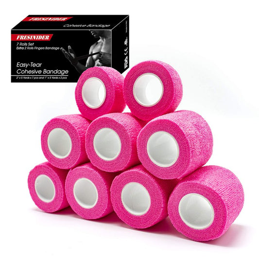 FRESINIDER 9 Rolls Self Adhesive Wrap Athletic Tape Gauze, Breathable Elastic Cohesive Bandage for Sports Injury & Pet (7 Pcs 2" x 5 Yards + 2 Pcs 1" X 5 Yards) (Pink)