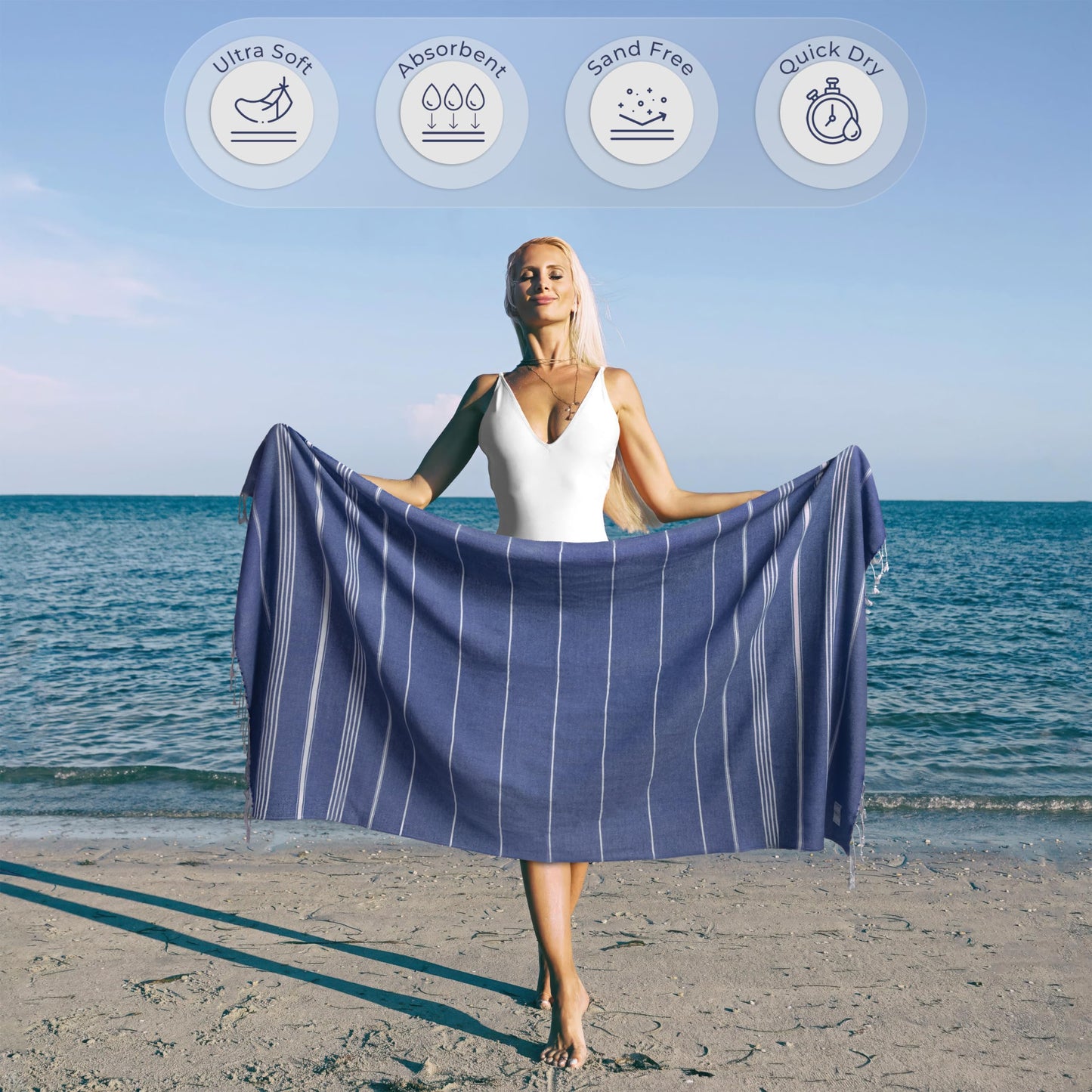 Ossano Turkish Beach Towel Compact & Soft Extra Large (39" x 71") - Quick Dry, Versatile and Functional as Yoga Mat, Picnic and Travel Blanket, Bath Towels/Vacation Essential - Indigo Blue