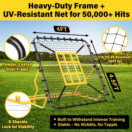 Baseball Rebounder Net 4x4.5FT Pitch Back Baseball Rebounder with Strike Zone & 9-Grid Target Adjustable Pitching Net for Grounders Batting Pitching Fielding Bounce Back Softball Volleyball Soccer Net