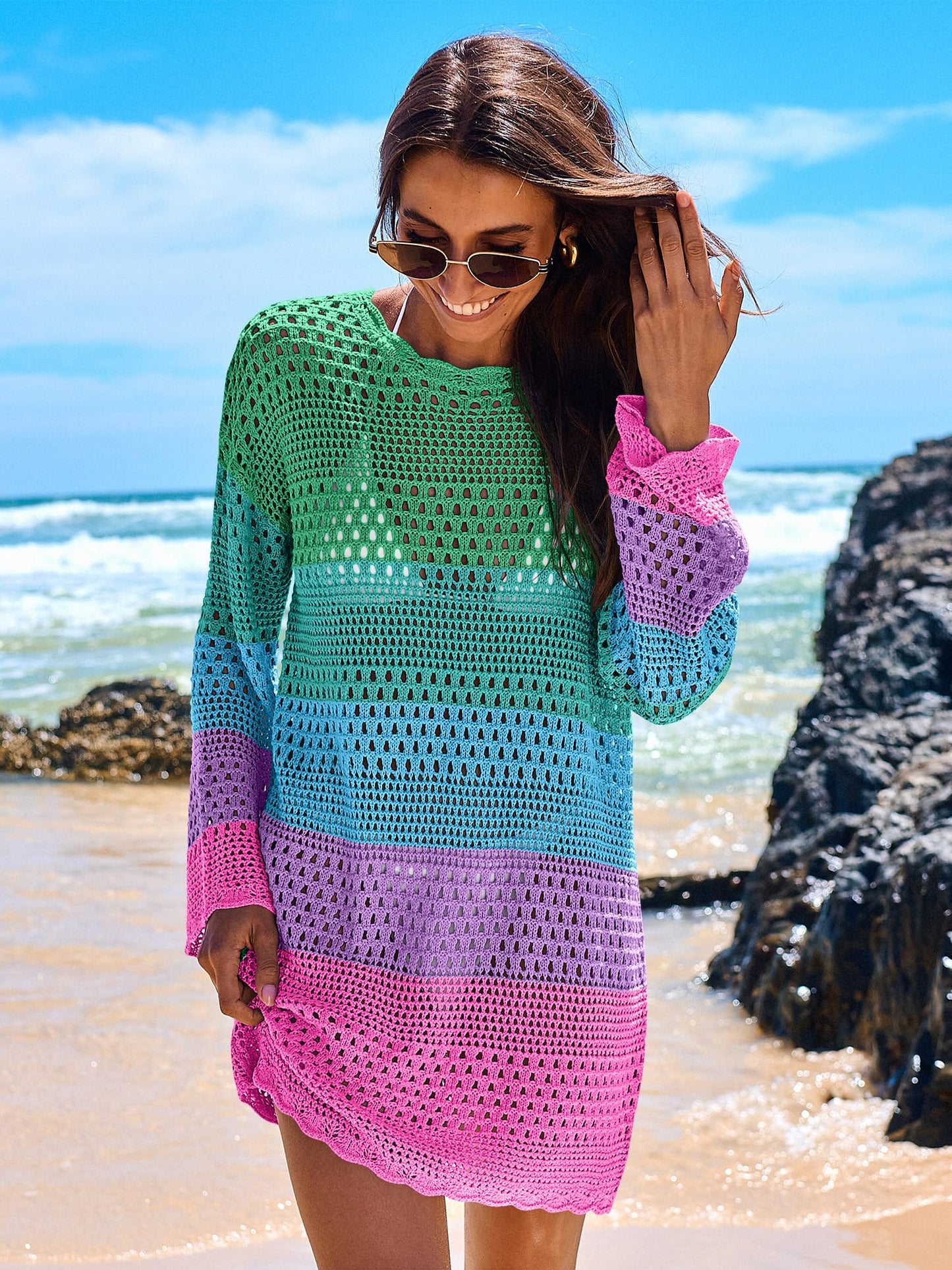 ANRABESS Women Swimsuit Crochet Swim Cover Up 2026 Summer Bathing Suit Swimwear Mesh Knit Beach Dress Vacation Outfits Rainbow Stripe Colorful X-Large