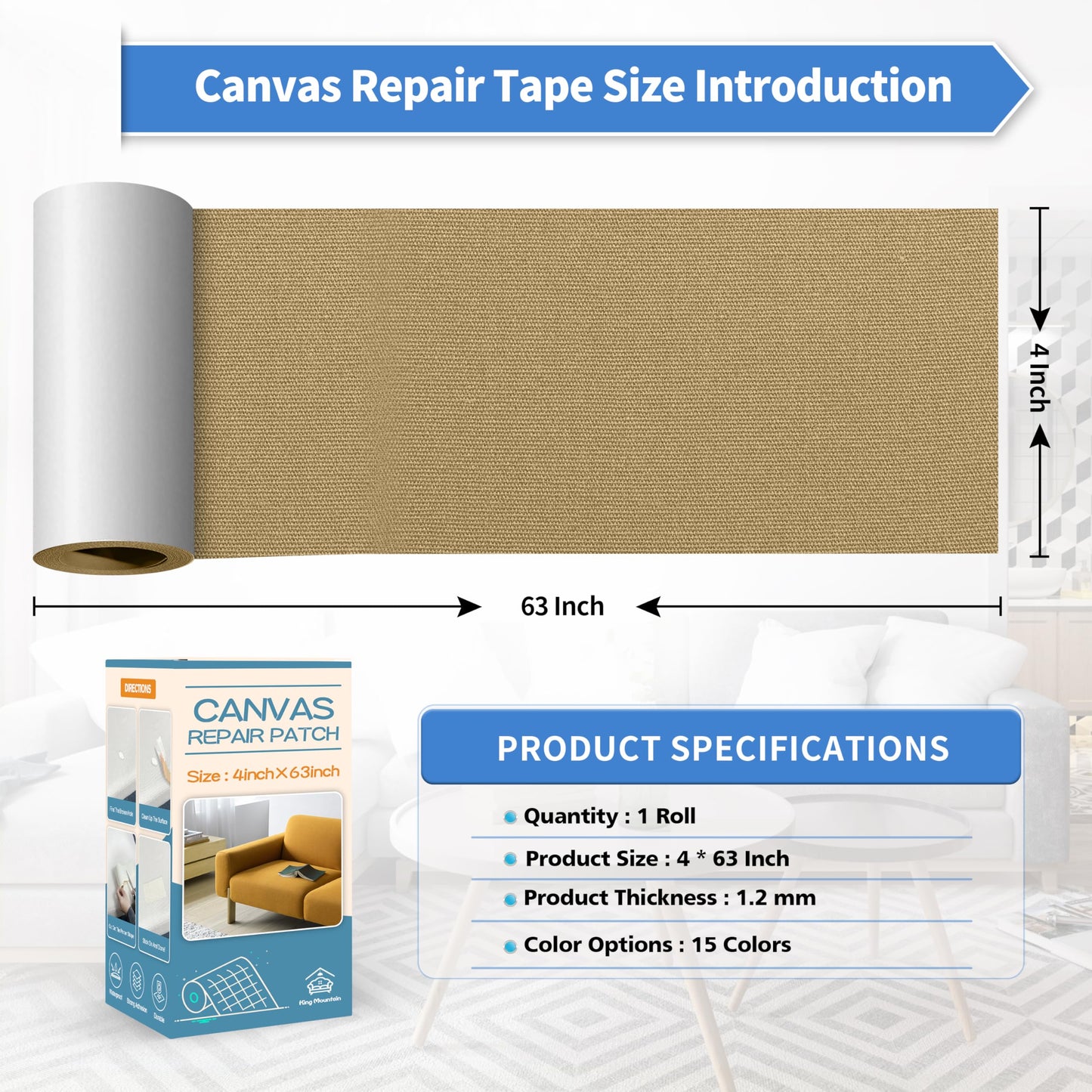KING MOUNTAIN Canvas Repair Tape,Outdoor Gear Patch, 4×63 Inches,Waterproof,Self-Adhesive for Repairing Boat Covers,Sun Shades,Sofas,Tents,Lounge Chairs,Awnings (Flaxen)