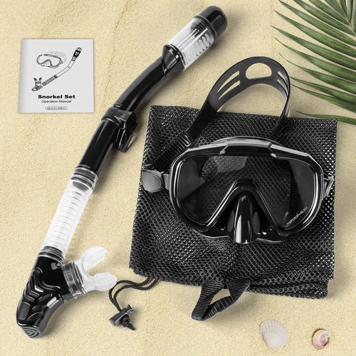 Snorkeling Gear for Adults, Dry Top Snorkel Set with Panoramic Anti-Leak and Anti-Fog Tempered Glass Lens, Adjustable Snorkeling Set for Scuba Diving Swimming Training Snorkel Kit