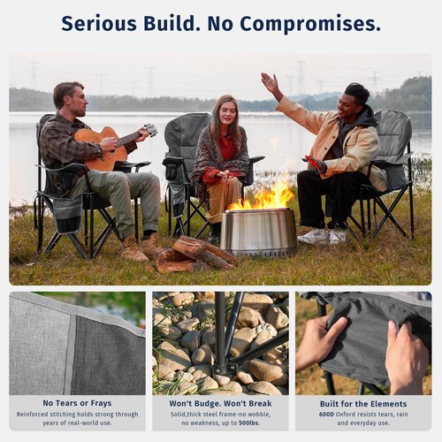 EAST OAK Oversized Camping Chair | Heavy Duty Camping Chairs | 500LBS Support, 600D Oxford, Cup Holder & Side Pocket | Ideal for Camping, Beach, Sports Events, Backyard & Tailgating | Gray