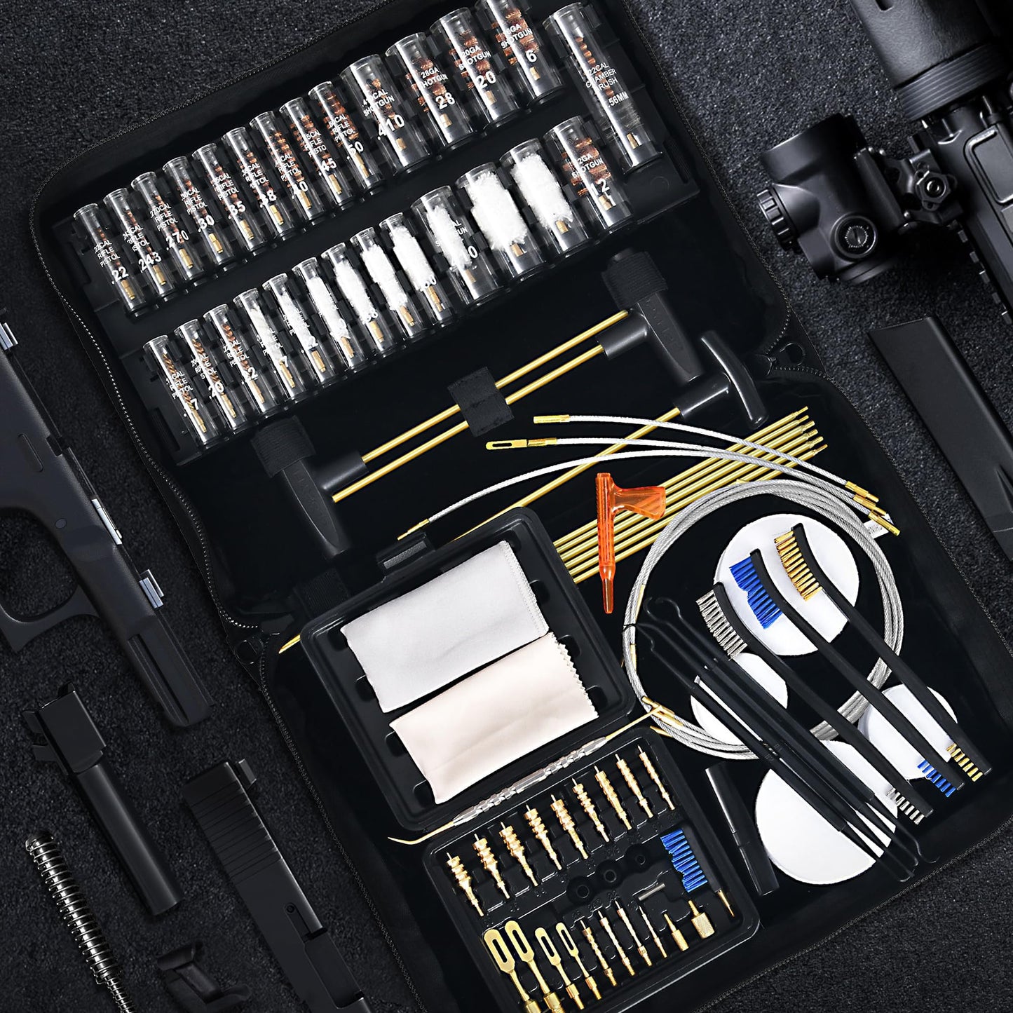 GLORYFIRE Universal Gun Cleaning Kit for Handgun Shotgun & Pistol,Elite Gun Cleaning Set with High-end Brass Brushes, Mops, Jags, Reinforced Rods and Gun Cleaning Snake&Ropes