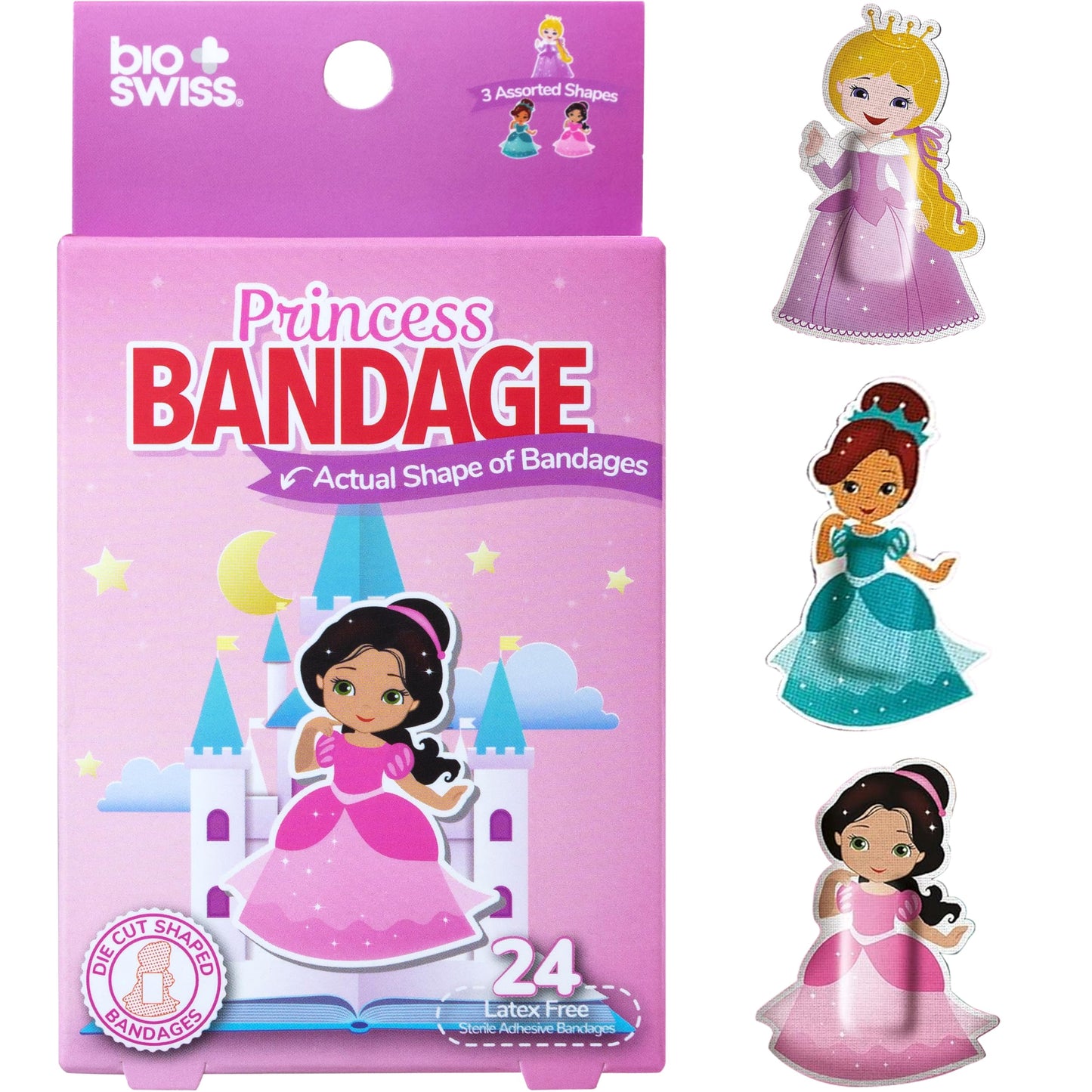 BioSwiss Bandages, Princess Shaped Self Adhesive Bandage Set, Latex Free, Sterile Wound Care, 24 Count