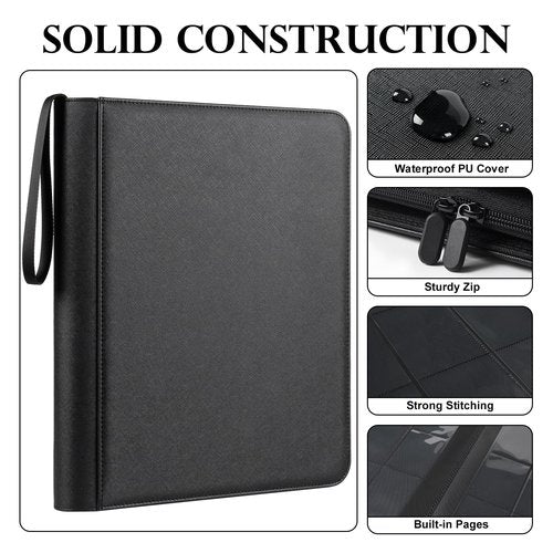 GEAoffice 9 Pockets Top Loader Binder for 324 Cards, Premium PU Leather Side Loading Trading Card Binder for Toploader, Ringless Card Collection Album Holder for 3"×4" Rigid, Black