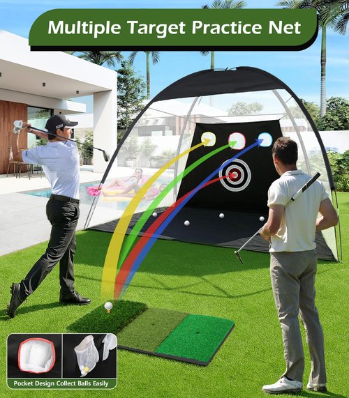 Golf Net, 10x7FT Home Golf Hitting Aids Equipment with Foldable Tri-Turf Mat for Backyard Driving Chipping Swing with Training Target/Balls/Tee for Outdoor Indoor, Gifts for Men Him Dad Boys Golfers