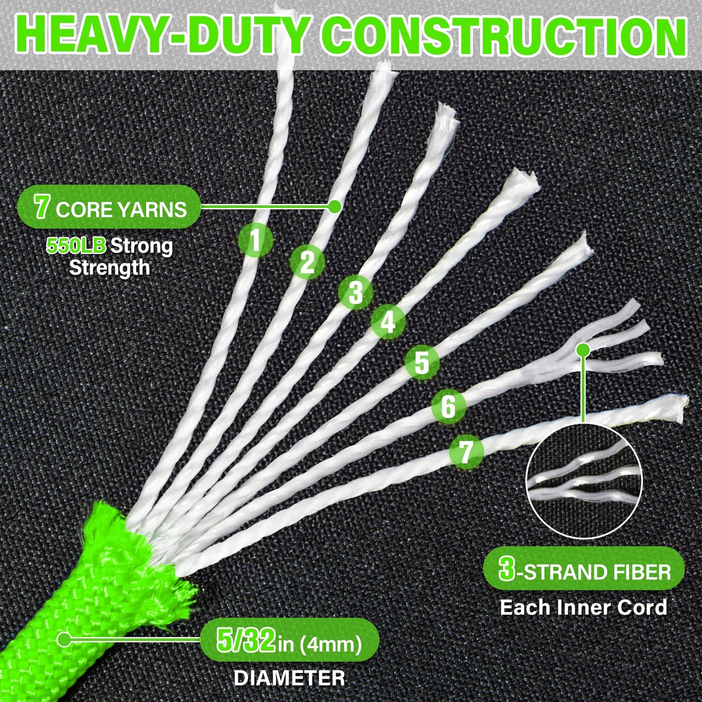 Paracord Rope 550 lb - 200ft 5/32" Parachute Cord 4MM 7-Strand para Cord - Heavy Duty Spool String for Survival,Camping Gear, Survival Bracelet, Clothesline - Neon Green