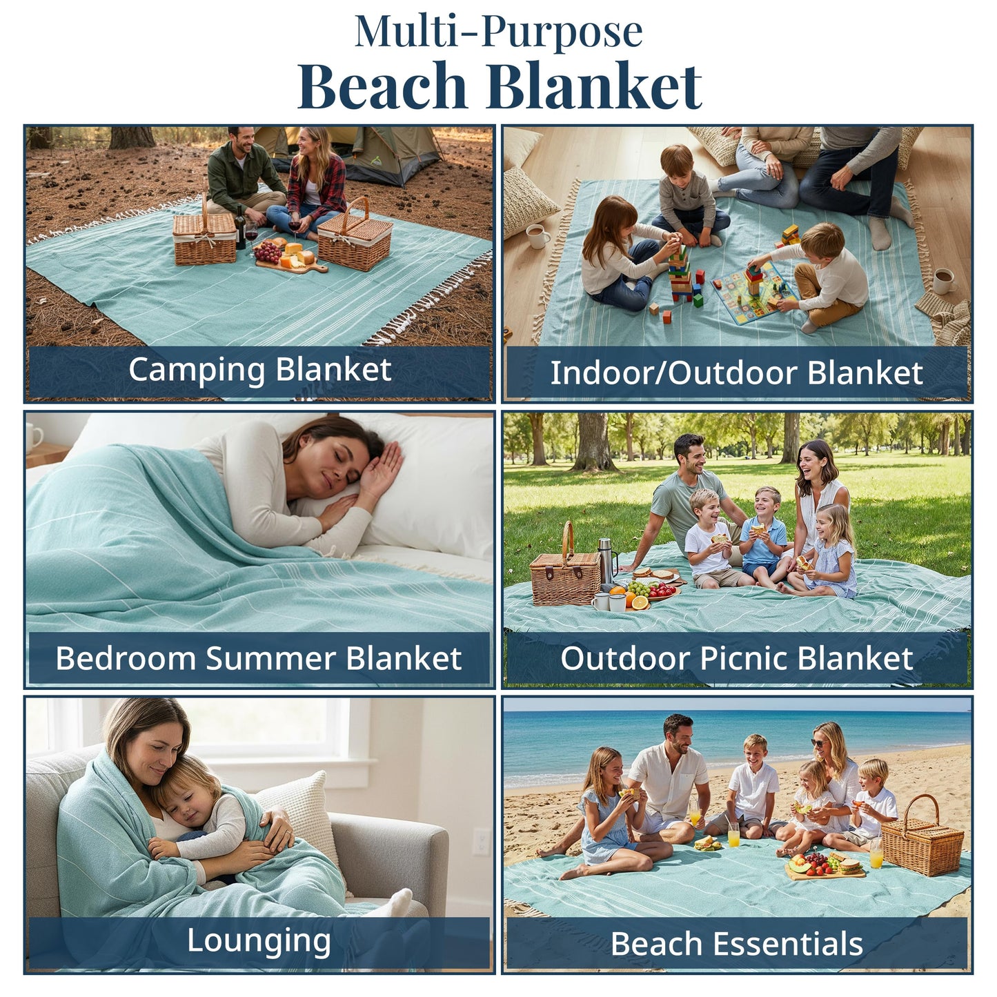 LANE LINEN Large Beach Blanket – Oversize Beach Towel, Beach Games for Family, Compact Quick-Dry Towel (82"x82"), Perfect for Lounging, Resort Stays, & Coastal Escapes - Aqua