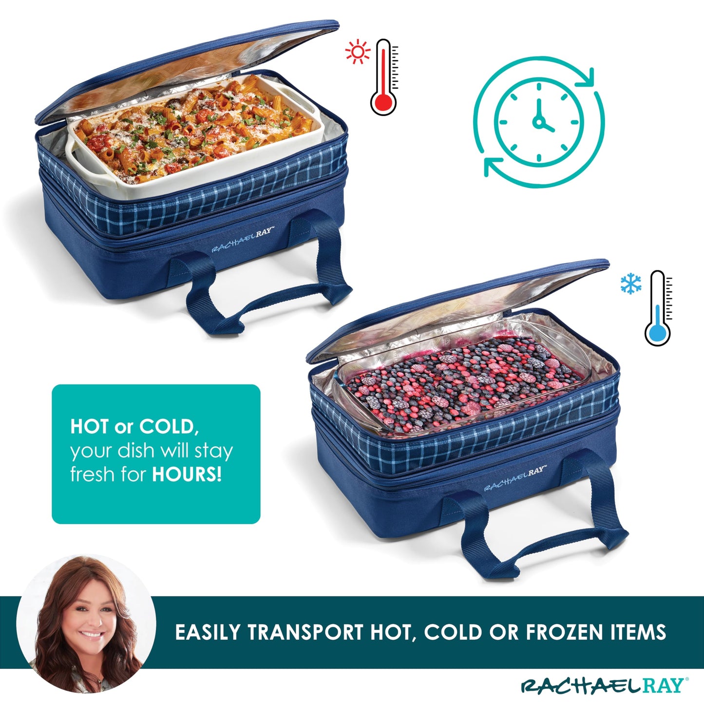 Rachael Ray Expandable Insulated Casserole Carrier for Hot or Cold Food, Thermal Lasagna Lugger Tote for Potluck, Parties, Picnic, and Cookouts, Fits 9" x 13" Baking Dish, Blue Gingham