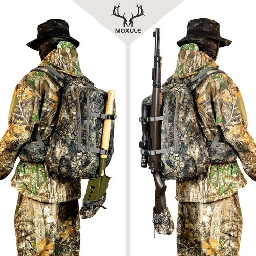 MOXULE Hunting Backpack Waterproof Pack: 25L Hunting Gear with Rain Cover,Hunting Day Pack with Rifle Bow Gun Holder (Camo)