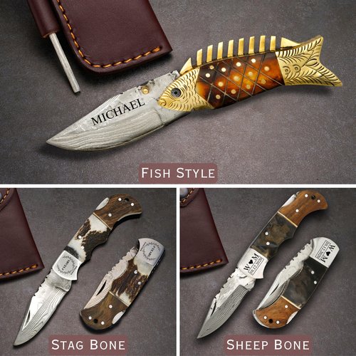 Personalized Handmade Damascus Pocket Knife - Hunting, Survival, Folding Knives for Men with Wood Handle for Outdoor Fishing Accessories, Anniversary, Boyfriend, Gifts for Men