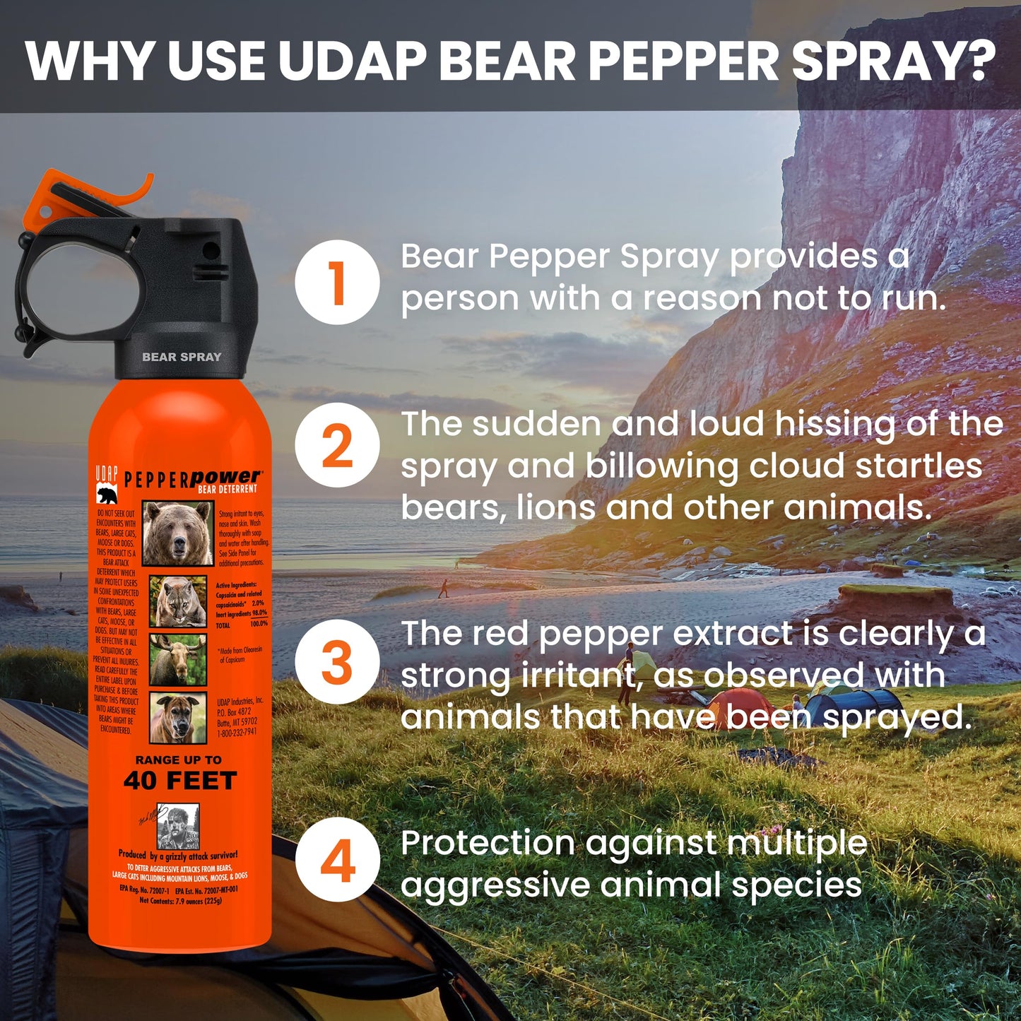 UDAP SOG Pepper Power Bear, Mountain Lion, Dog, Coyote, & Moose Spray Self Defense Deterrent with Griz Guard Holster for Camping, Hiking, Fishing, Powerful Blast, 40 ft Fog Barrier, Safety 7.9 oz