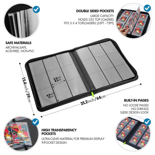 FunGuys Toploader Binder, Trading Card Binder Storage, 252 9 Pocket Top Loader Binder, Collection Album for Yugioh, MTG, TCG, Card Folders for Trading Cards