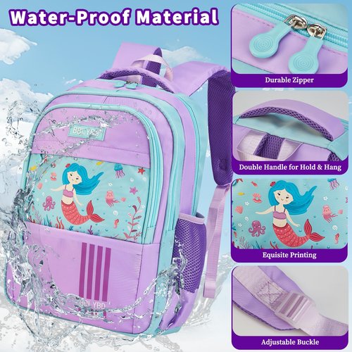Girls Backpack with Lunch Box, Cute School Backpack for Kids Teen Elementary, Large Capacity Kids Bookbag 3 Pcs Set (Mermaid)
