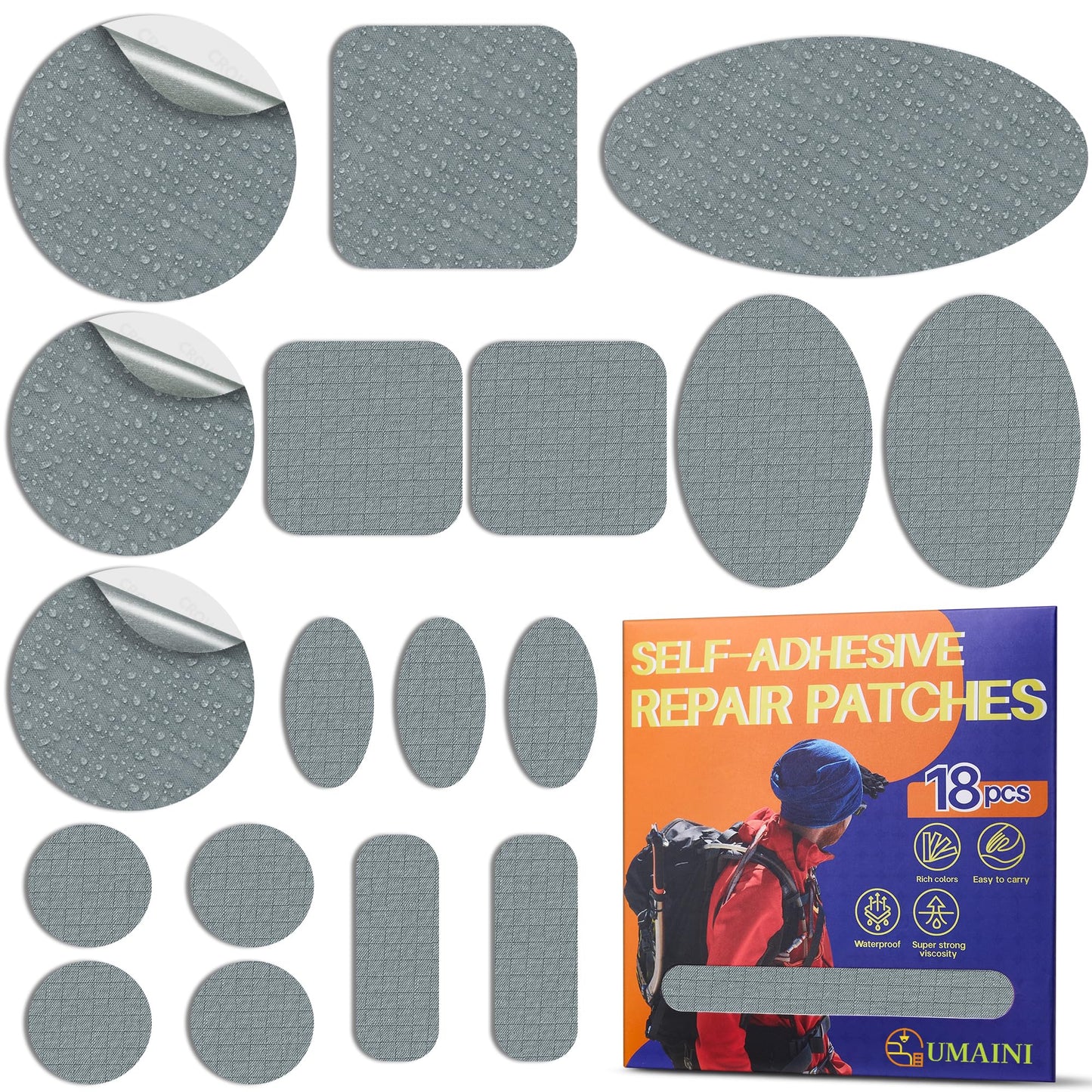 umaini Down Jacket Repair Patch Kit, Outdoor Gear Tenacious Repair Tape, Self Adhesive Fabric Patches for Clothes, Waterproof Ripstop Nylon Fabric Patch for Puffer Jacket, Coat, Tent (18 Pcs, Gray)
