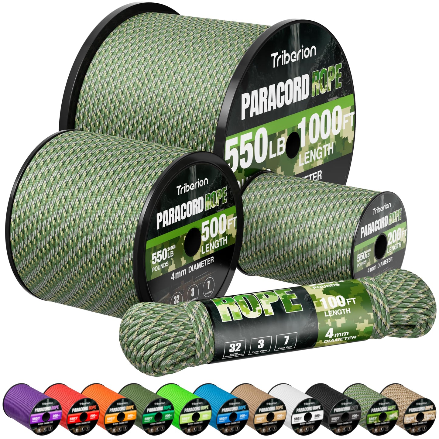 Paracord Rope 550 lb - 200ft 5/32" Parachute Cord 4MM 7-Strand para Cord - Heavy Duty Spool String for Survival,Camping Gear, Survival Bracelet, Clothesline - Camo Green