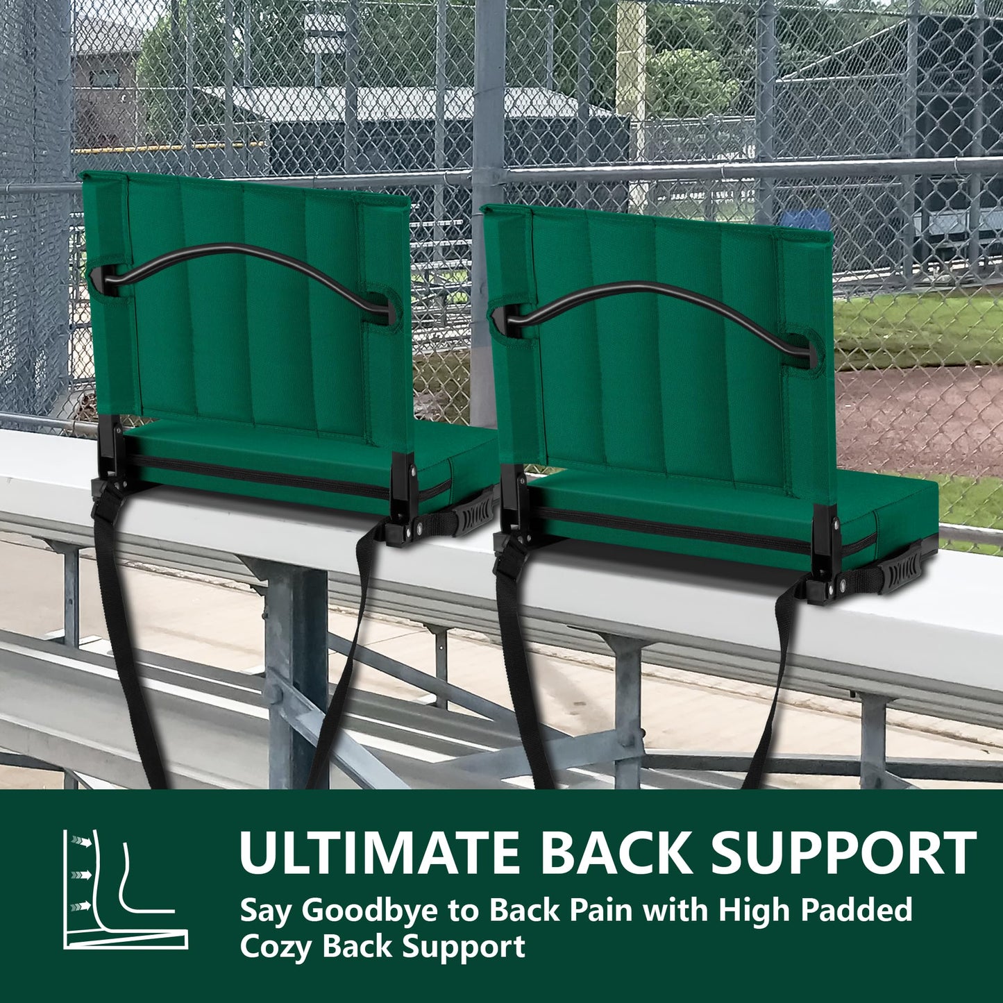 Halituny Stadium Seat for Bleachers with Back Support, Portable Bleacher Seat with Wide Comfy Padded Cushion, Metal Hook, Folding Stadium Chair with Shoulder Strap, Carry Handle, Cup Holder, Green