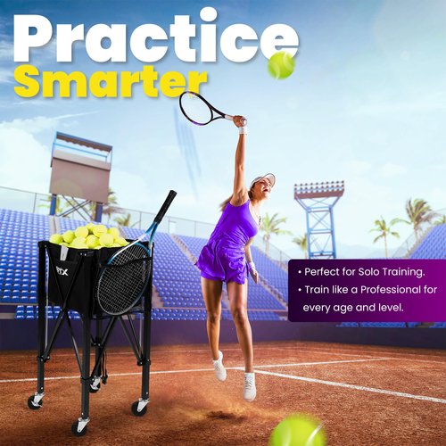 RPTX Tennis Ball Cart | Pickleball Ball Hopper | 150 Ball Capacity | Multiple Storage Pockets | Carrying Bag | Sturdy Pickleball Cart with Wheels | Ball Caddy for Practice & Training