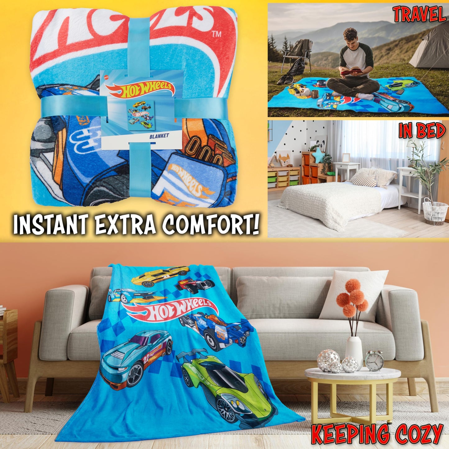 Get Trend Hot Wheels Fleece Throw Blanket, Soft Cozy 59 x 51 Inch, Lightweight, Fluffy Bedding Couch Bed Sofa Decor, Gifts for Kids (Multi Hot Wheels)