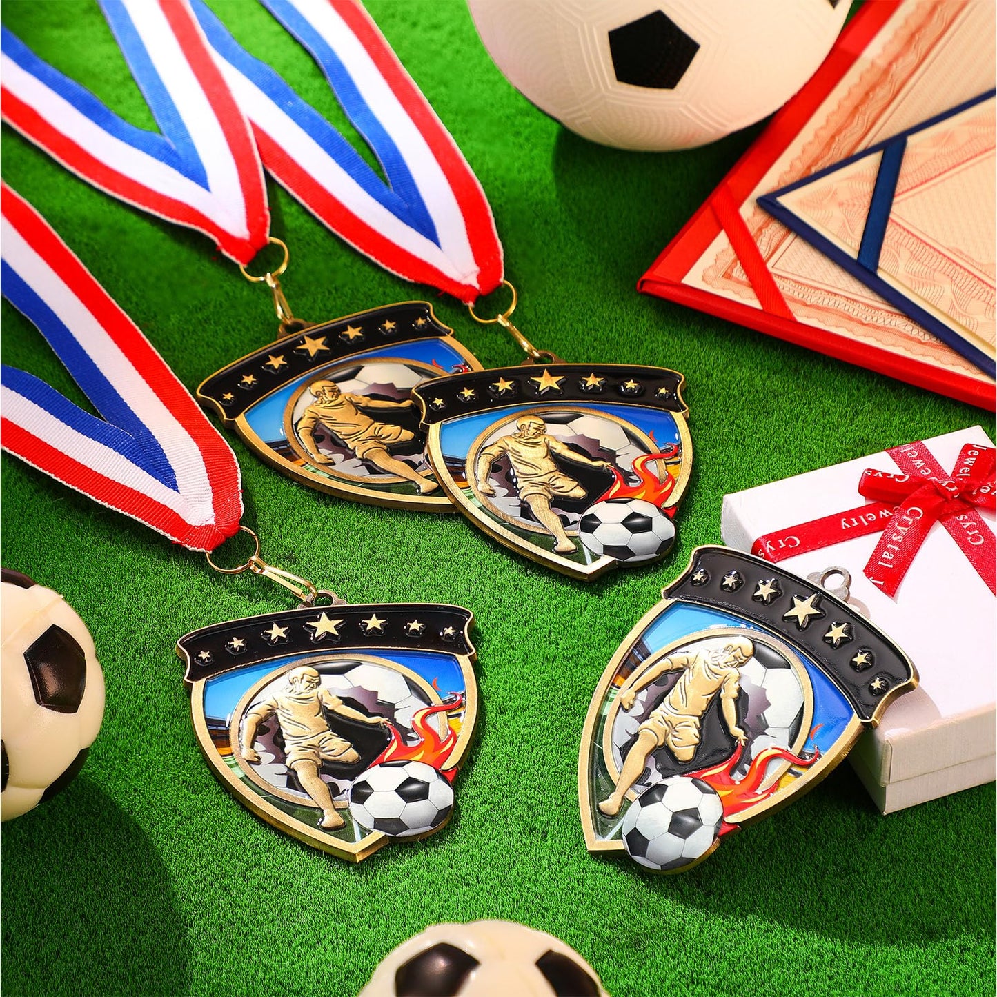 Remuuly 20 Pcs Award Medals Bulk Soccer Football Basketball Tennis Cheer Metal Winner Award Medals 3.35'' Shield Shape with Neck Ribbons Sport Team Participation Prize Gift (Soccer)