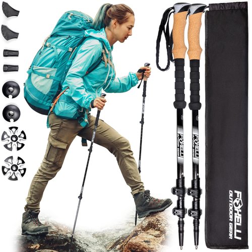 Foxelli Carbon Fiber Trekking Poles – Lightweight Collapsible Hiking Poles with Cork Grips, Lever Locks & All Terrain Accessories