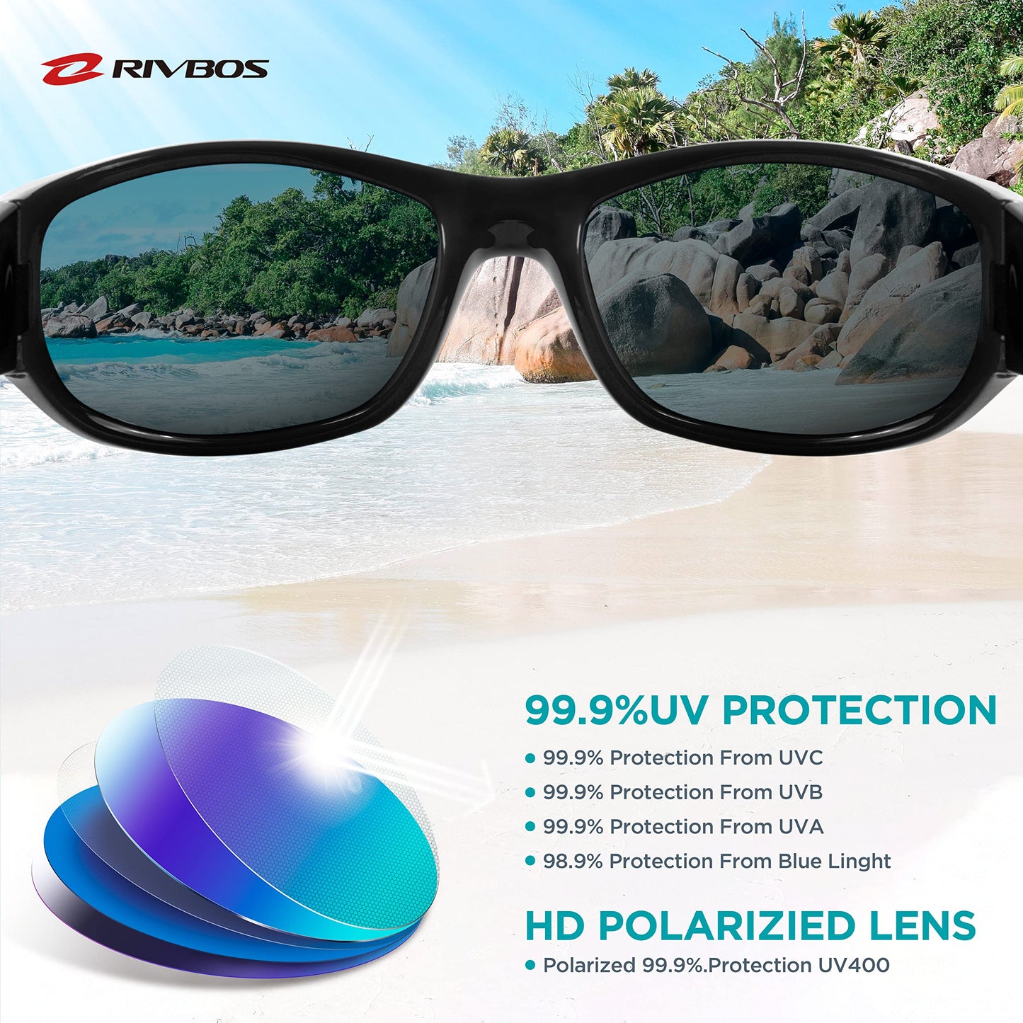 RIVBOS Kids Sunglasses Polarized UV Protection Flexible Rubber Glasses Shades with Strap for Boys Girls RBK037-Black Blue Iced Lens