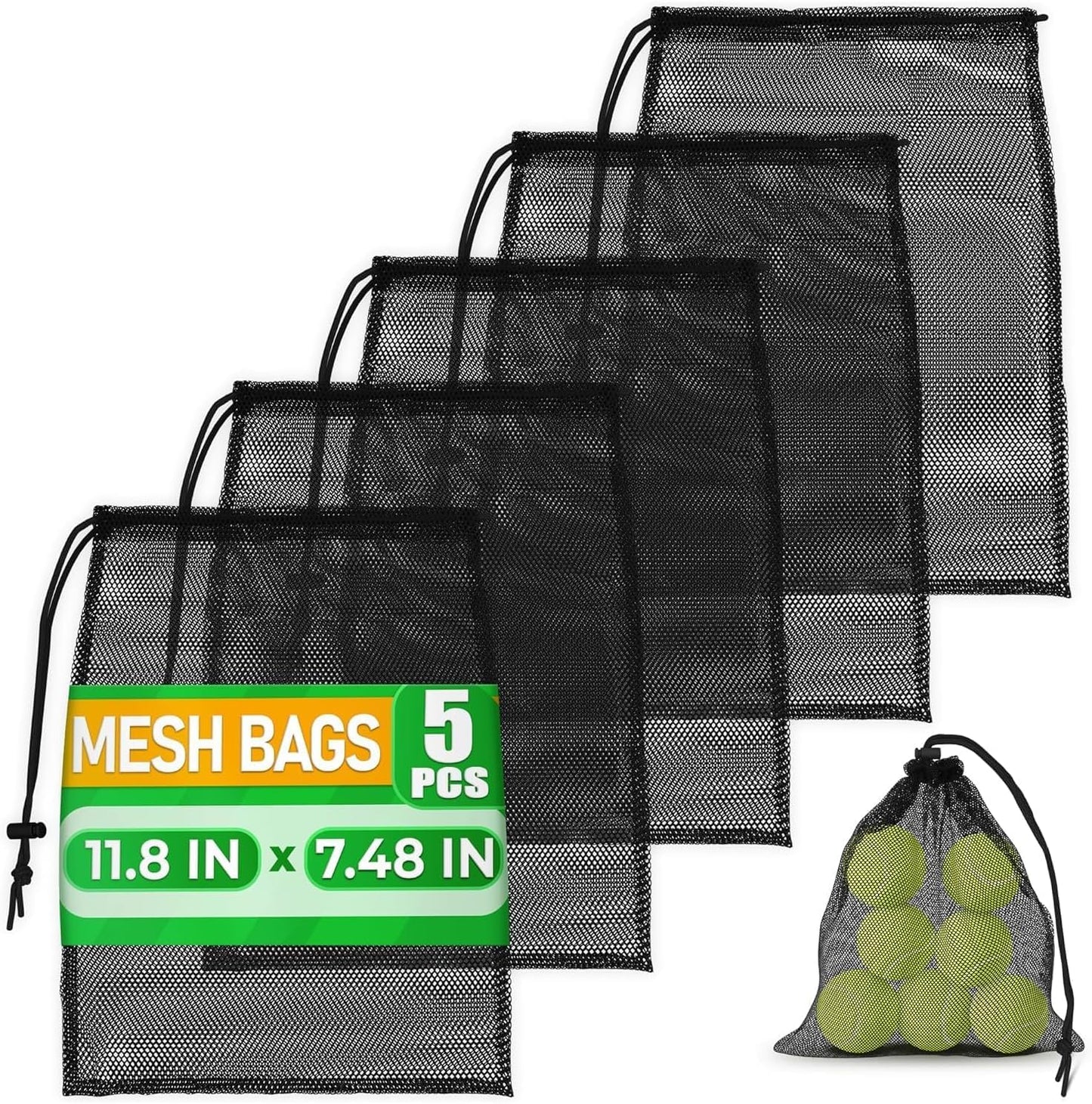 5Pcs Small Mesh Bags Drawstring Black Nylon – 11.8x7.48" Secure Cinch-Top, Mesh Bag for Tennis, Pickleball, Golf, Travel, Beach, Sports Equipment, and Mushroom Foraging – Quick-Dry and Tear-Resistant