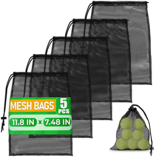 5Pcs Small Mesh Bags Drawstring Black Nylon – 11.8x7.48" Secure Cinch-Top, Mesh Bag for Tennis, Pickleball, Golf, Travel, Beach, Sports Equipment, and Mushroom Foraging – Quick-Dry and Tear-Resistant
