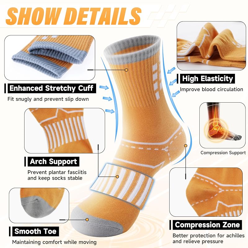 Kids Crew Socks - ANTSANG 6-Pair Athletic Cotton Socks, 9-14 Years, Blue Black Grey Orange