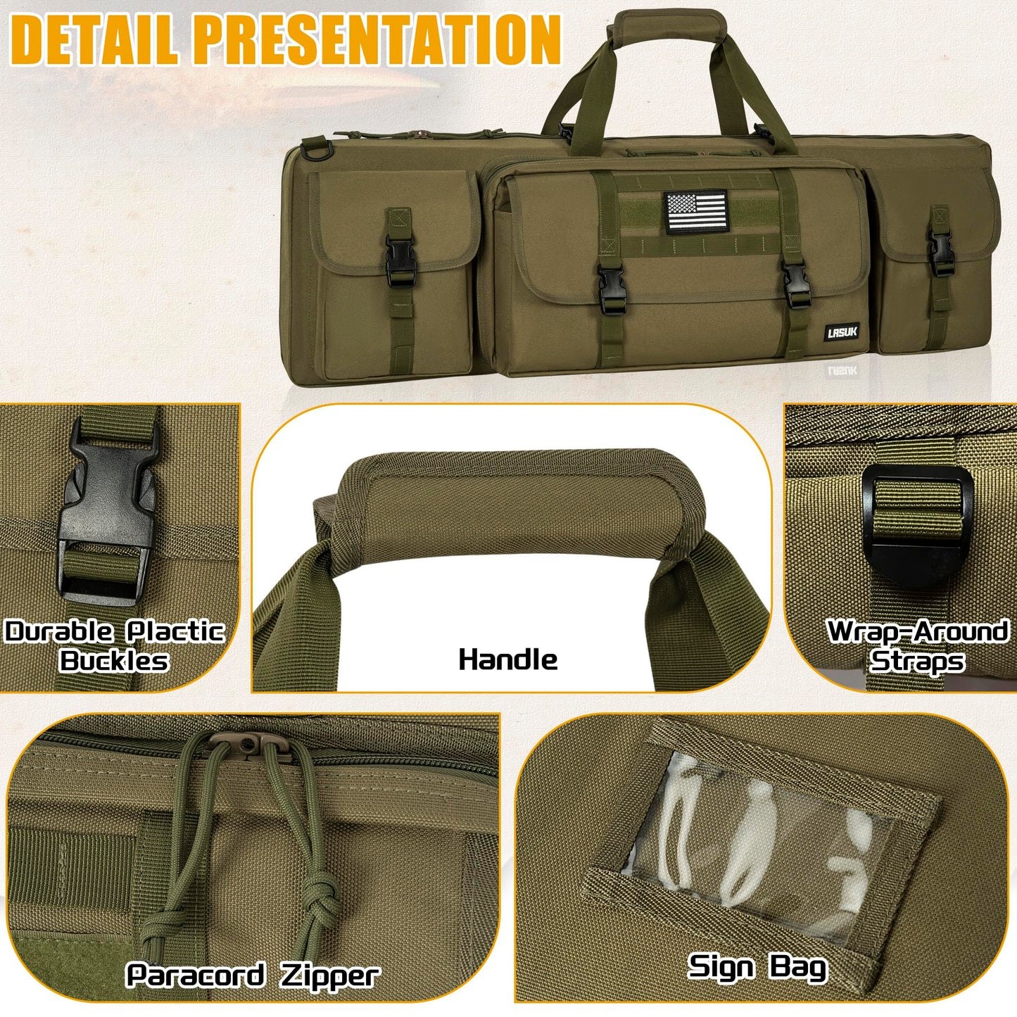 LASUK 42" Double Rifle Case Soft Gun Bag Tactical Backpack, Green