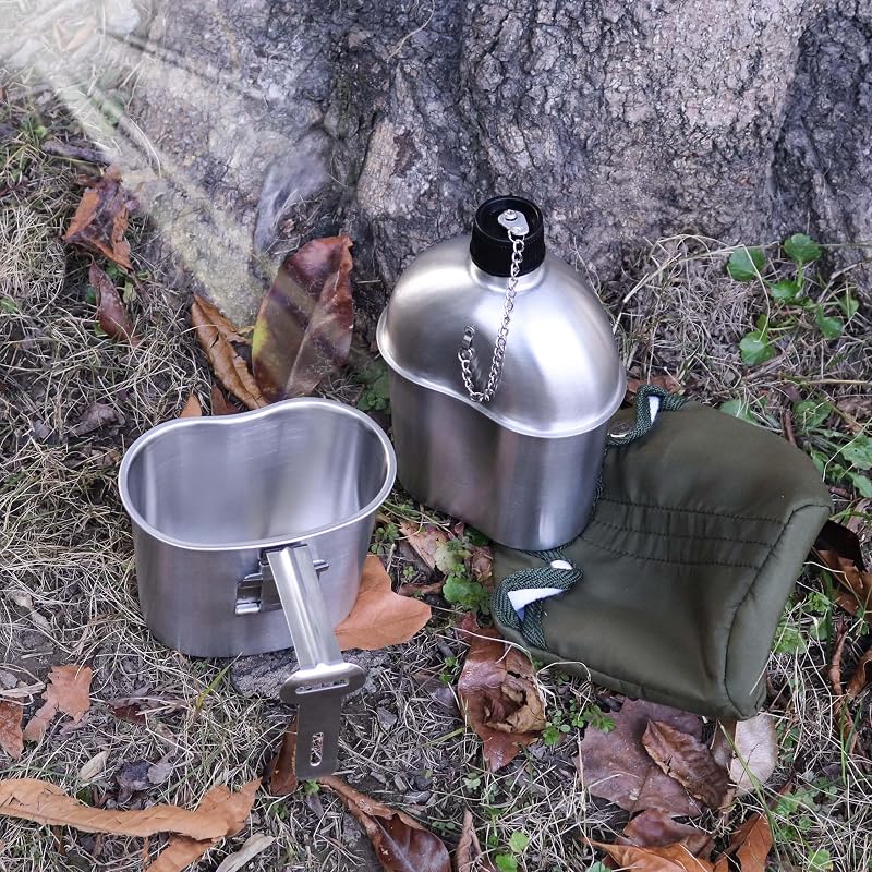 Goetland 1QT Stainless Steel WWII US Army Canteen with Cup & Nylon Pouch – Grab Handle Cup Variation