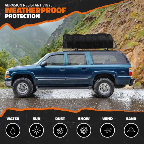 Mockins XXL 90"x50"x6" Heavy Duty Roof Rack Cargo Carrier for Top of Vehicle w/50 CuFt Waterproof Rooftop Cargo Bag | Weatherproof 250 Lbs. Cap. Roof Luggage Rack for SUV, Car, RV & Van w/Accessories