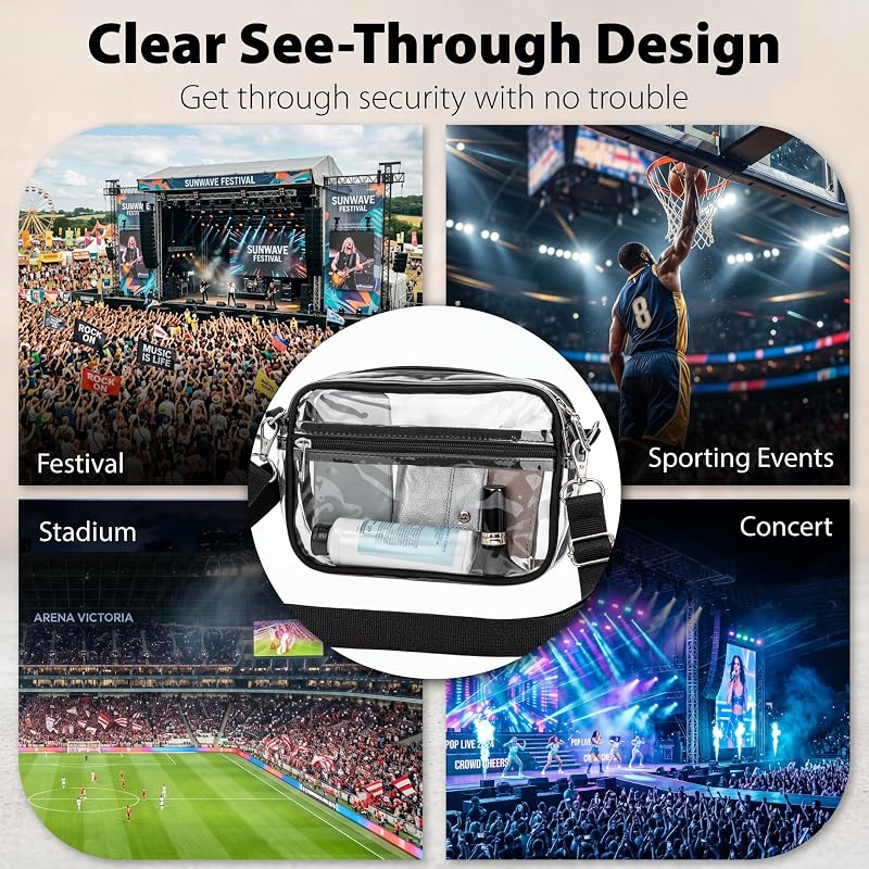 Black Clear Stadium Waist Bag - Transparent Crossbody Purse, Waterproof PVC