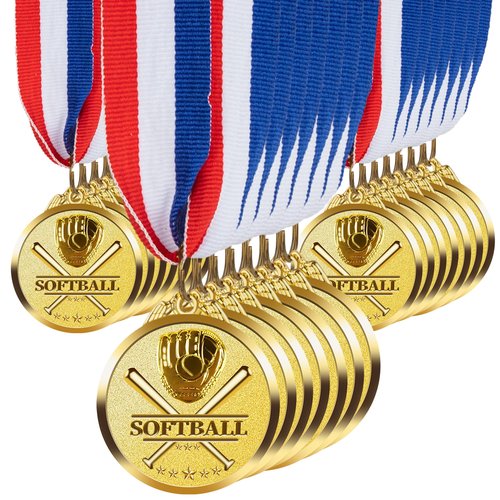 LZHZHZ 12 Pcs Softball Medal Awards (2 Inch) -with Red, White & Blue Neck Ribbons,Custom Softball Metal Awards with DIY Engraving