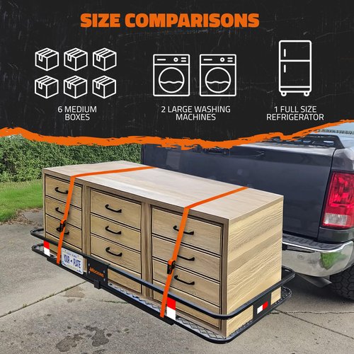 Mockins XXL 70"x30"x6" Folding Trailer Hitch Cargo Carrier | 500 Lbs. Cap. Cargo Hitch Carrier Rack | All-Weather Steel Luggage Rack for SUV, Car & Truck w/License Plate Holder, Stabilizer & Straps