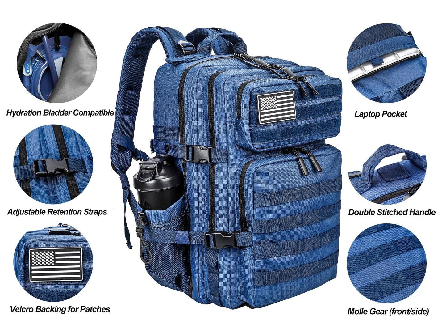 LHI Military Tactical Backpack for Men and Women 45L Army 3 Days Assault Pack Bag Large Rucksack with Molle System Blue