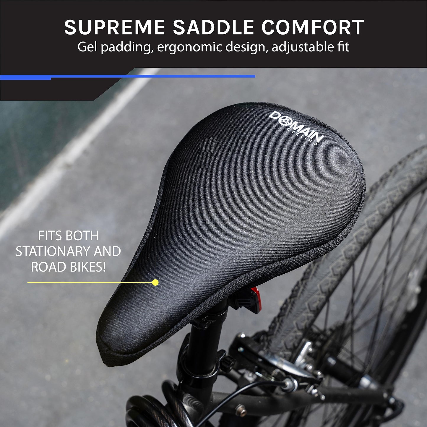 Domain Cycling Gel Bike Seat Cushion - Secure Peloton Fit for Smooth Stable Rides- Non-Slip Bicycle Cover for Exercise Bikes, Padded for Men or Women Comfort, 10.5”x7”