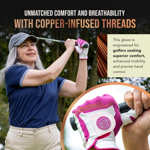 Copper Tech Ladies Golf Gloves Women Right Handed Golfer & Left Handed Golfer 2 Pack | Copper Compression Joint Support | Flexible & Comfortable Fit with Premium Leather | Tacky Grip Reinforced Pad