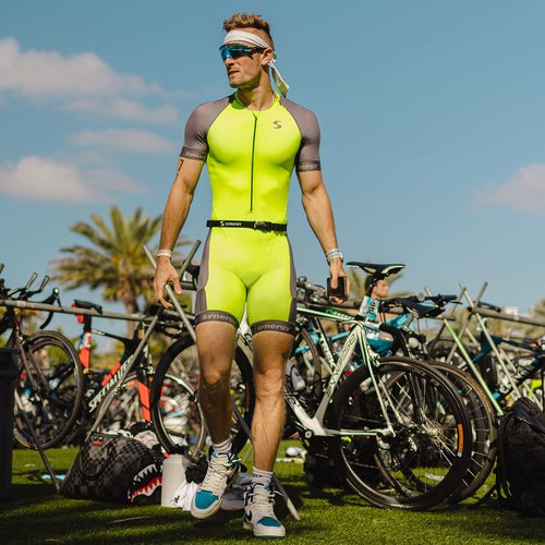 Synergy Triathlon Tri Suit - Men's Elite Short Sleeve Trisuit Cycling Skinsuit (Ocean/Neon Lime, X-Large)