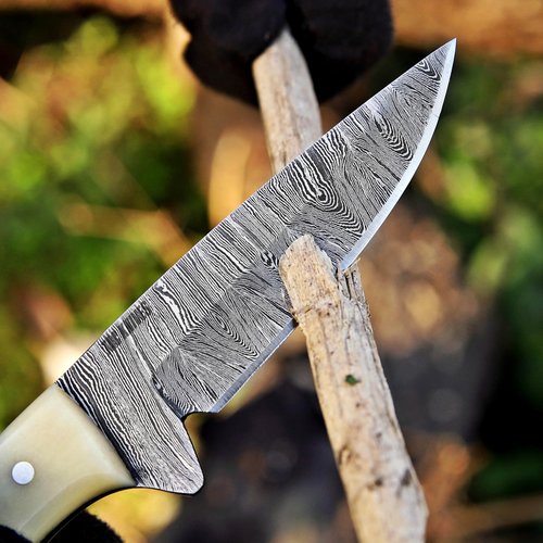 TAC KNIVES 7" Fixed Blade EDC Knife with Sheath - Damascus Steel Hunting Knife - Full Tang - Bone Handle - Pancake Carry Leather Sheath Snug Fit (BONE 303)
