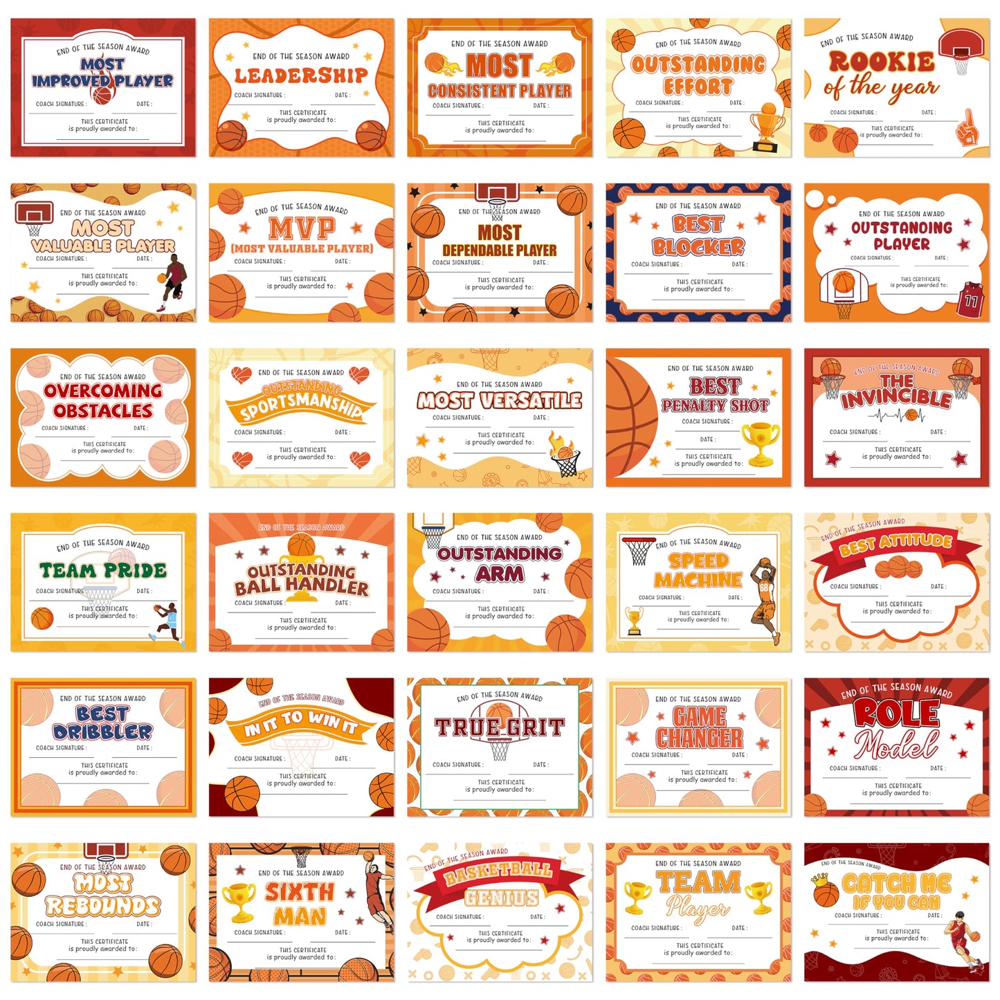 EYxsaxenk Basketball Achievement Award Certificates - 60Pcs End of Season Basketball Team Sport Game Ceremony Award Paper Achievement Certificates School Student Reward Teacher Class Motivation Supply