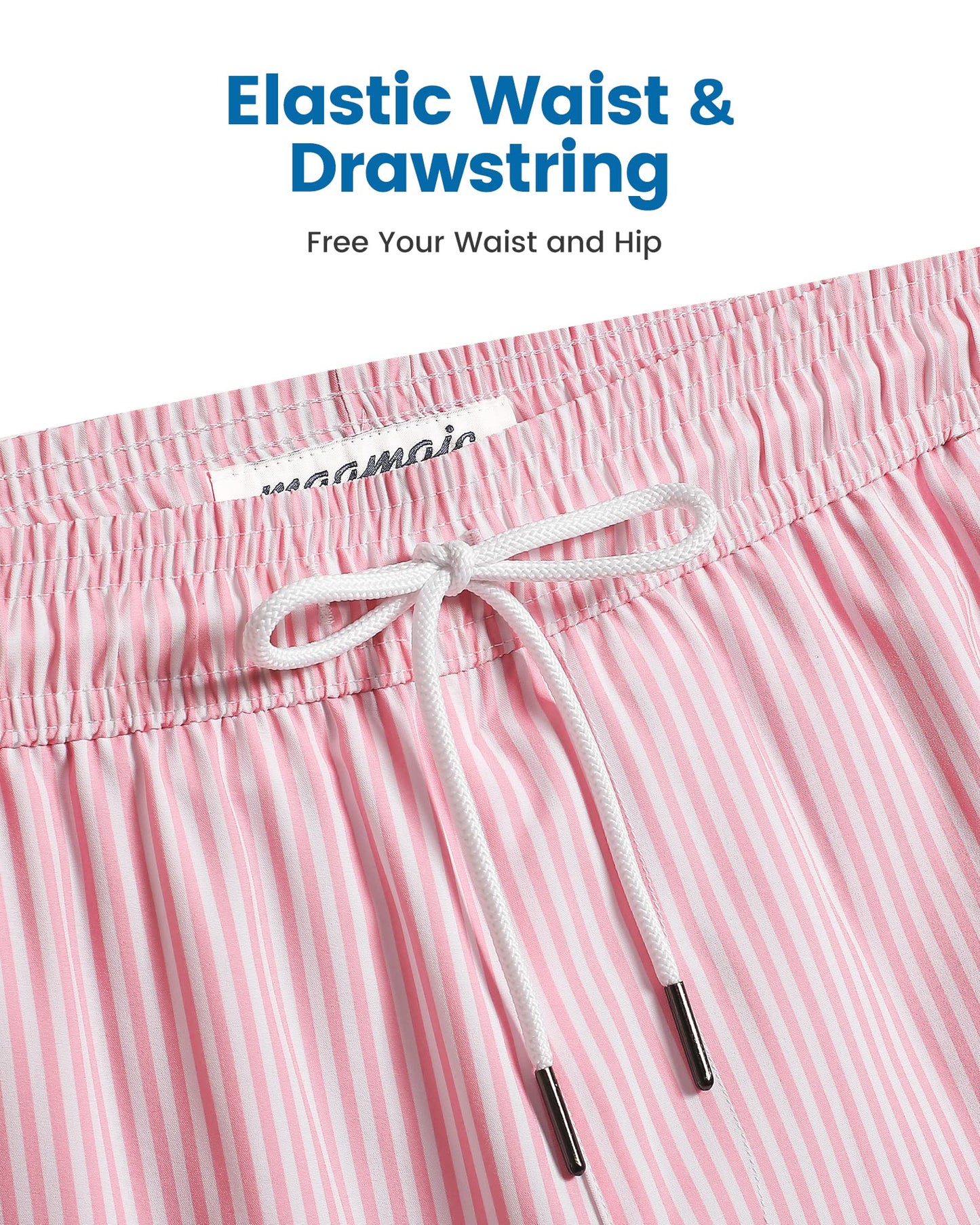 maamgic Mens Swim Trunks with Compression Liner 5 Inch, Quick Dry Bathing Suit with Zipper Pockets, Stretch No-Chafing Swim Shorts, Pink White Stripe Medium
