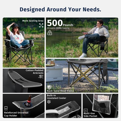 EAST OAK Oversized Camping Chair | Heavy Duty Camping Chairs | 500LBS Support, 600D Oxford, Cup Holder & Side Pocket | Ideal for Camping, Beach, Sports Events, Backyard & Tailgating | Gray