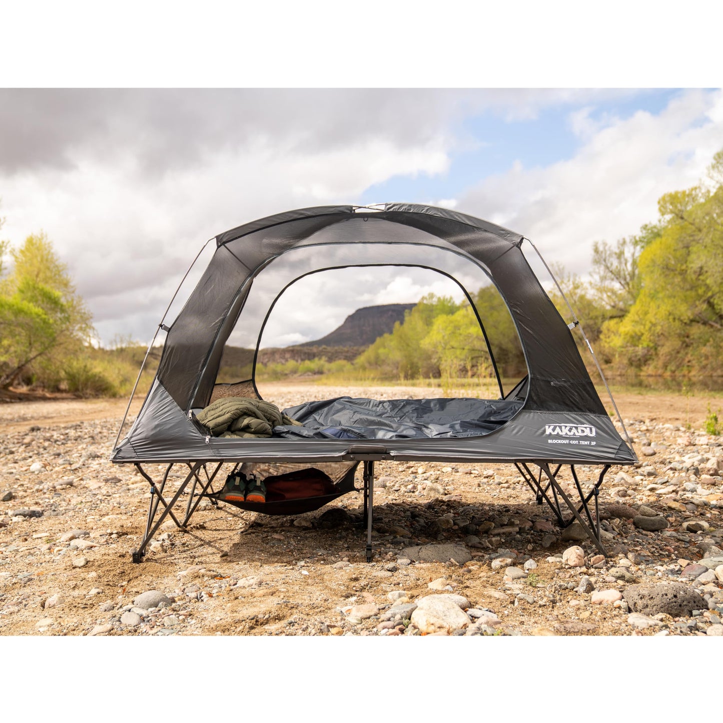 Kakadu Camping Tent Cot, 2 Person, Quick Setup, Folding, Compact, Elevated Tent with BlockOut Rain Fly, Awning Poles, Ultra-Fine Mesh Windows, and Carry Bag