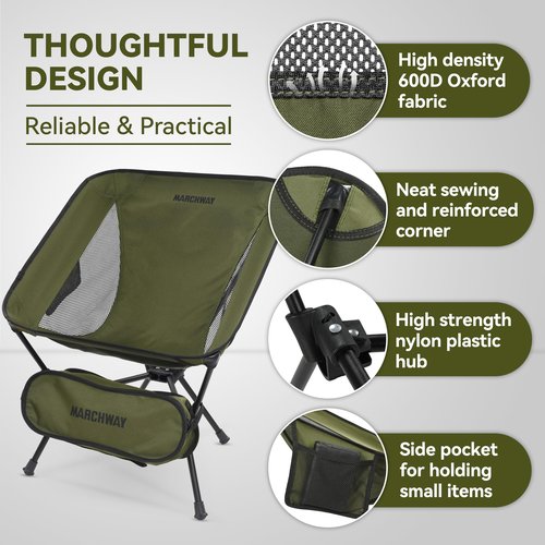 MARCHWAY Lightweight Folding Camping Chair, Portable Foldable Compact for Outdoor Camp, Travel, Beach, Picnic, Festival, Hiking, Backpacking, Supports 330Lbs (Green)