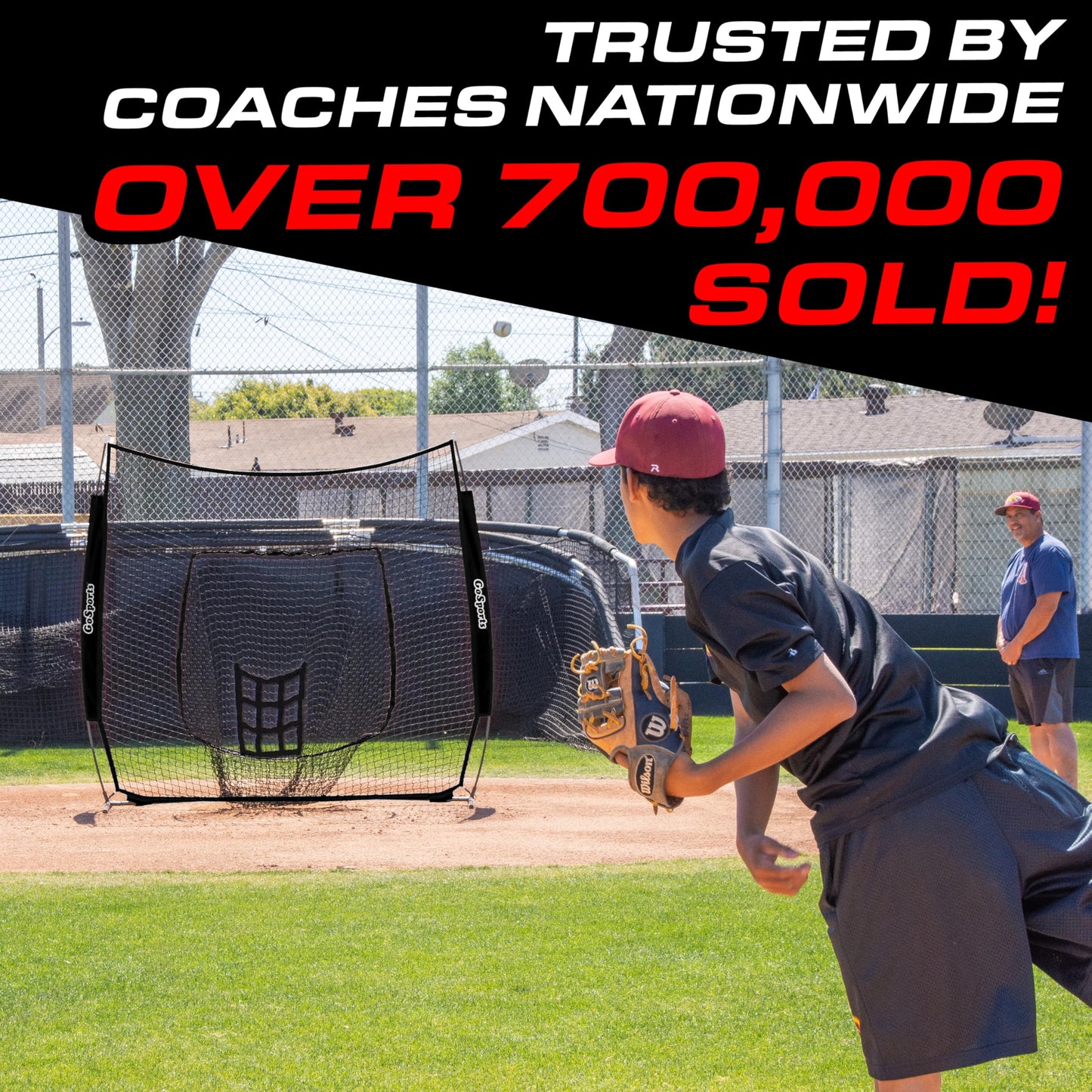 GoSports 7 ft x 7 ft Baseball & Softball Practice Hitting & Pitching Net with Bow Type Frame, Carry Bag and Strike Zone, Great for All Skill Levels