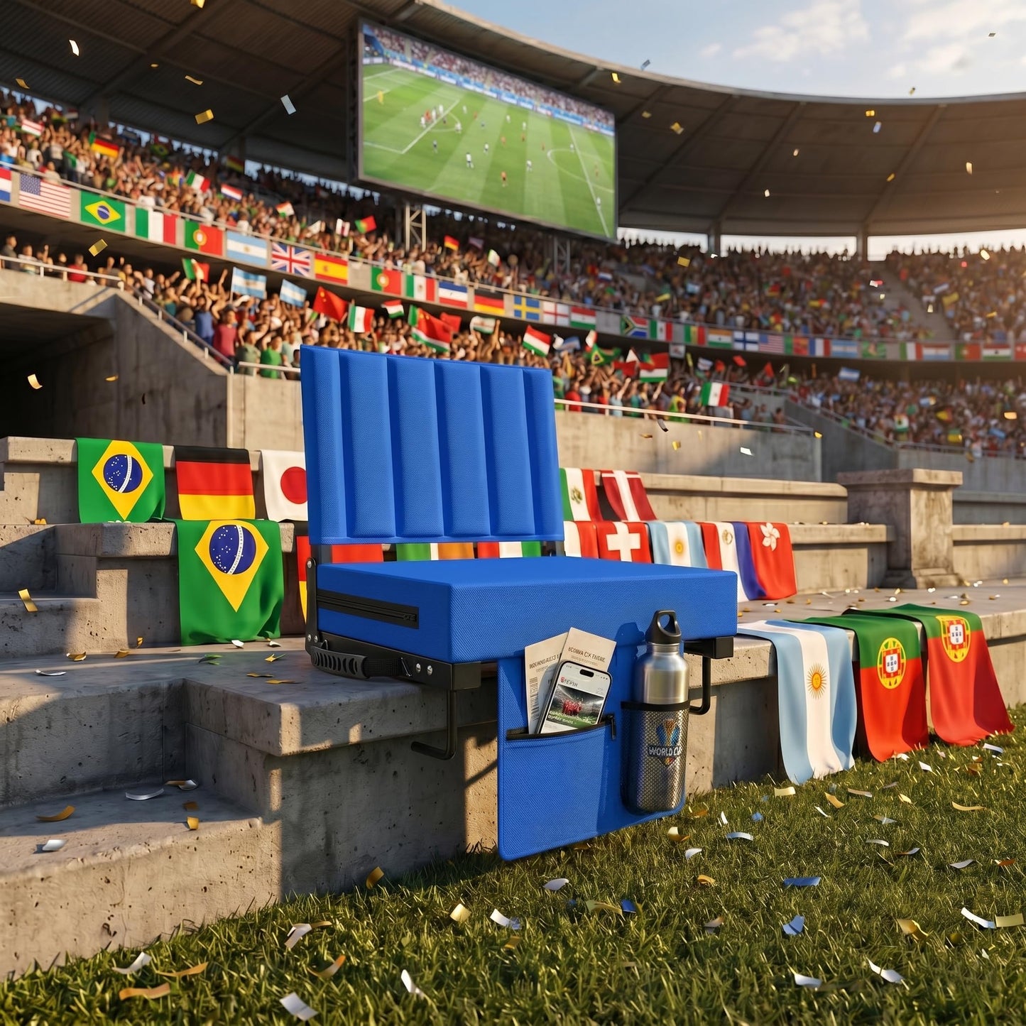 Halituny Stadium Seat for Bleachers with Back Support, Portable Bleacher Seat with Wide Comfy Padded Cushion, Metal Hook, Folding Stadium Chair with Shoulder Strap, Carry Handle, Cup Holder, Blue